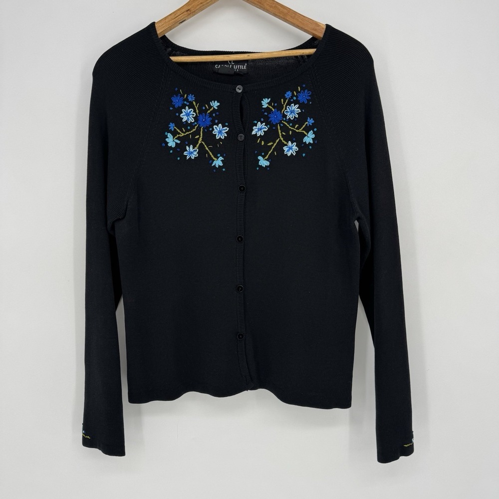 Carole Little Black Cardigan Sweater Silk‎ Blend Floral  Embroidered Women's 12